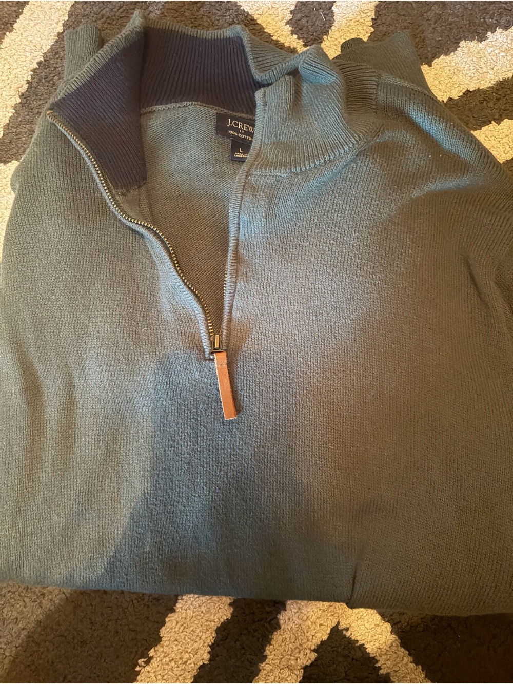 J. Crew Men's Half-Zip Knit Sweater in Olive Green with Navy Collar